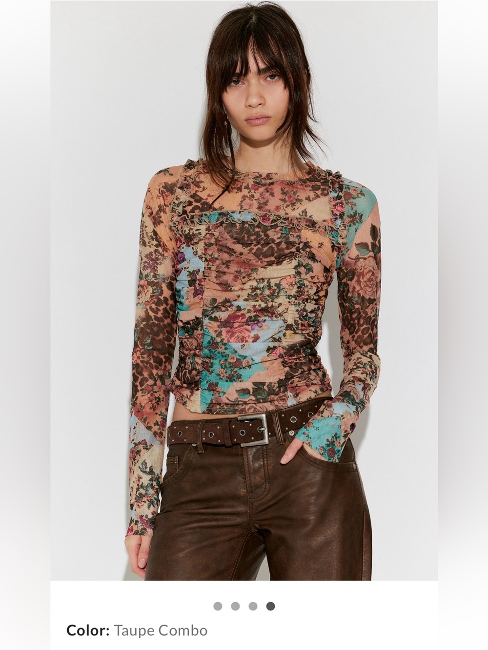 Free People Ariana Long Sleeve Ruched Top in Taupe Combo